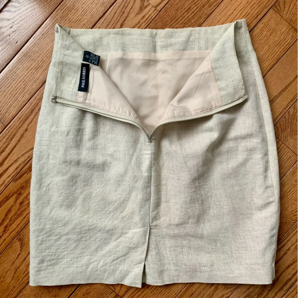 Linen & Cotton Paul Harris Short Pencil Skirt Sz 10 Tan Beige Cream Lined - Picture 7 of 10